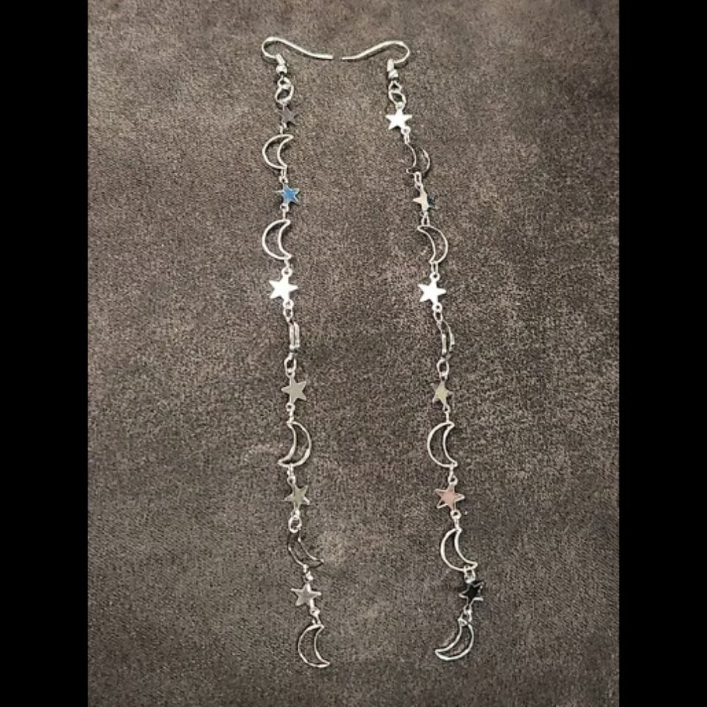 Moon & Star Celestial Dangle Silver Earrings - image 1